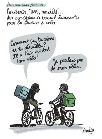 Vue d'une bande-dessinée au sujet des livreurs à vélo.